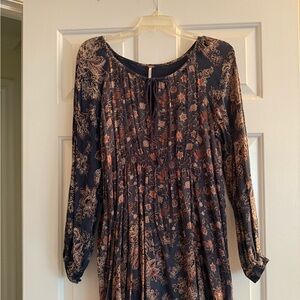 Free People Blue and Black Pleated Buttoned Long Sleeve Dress